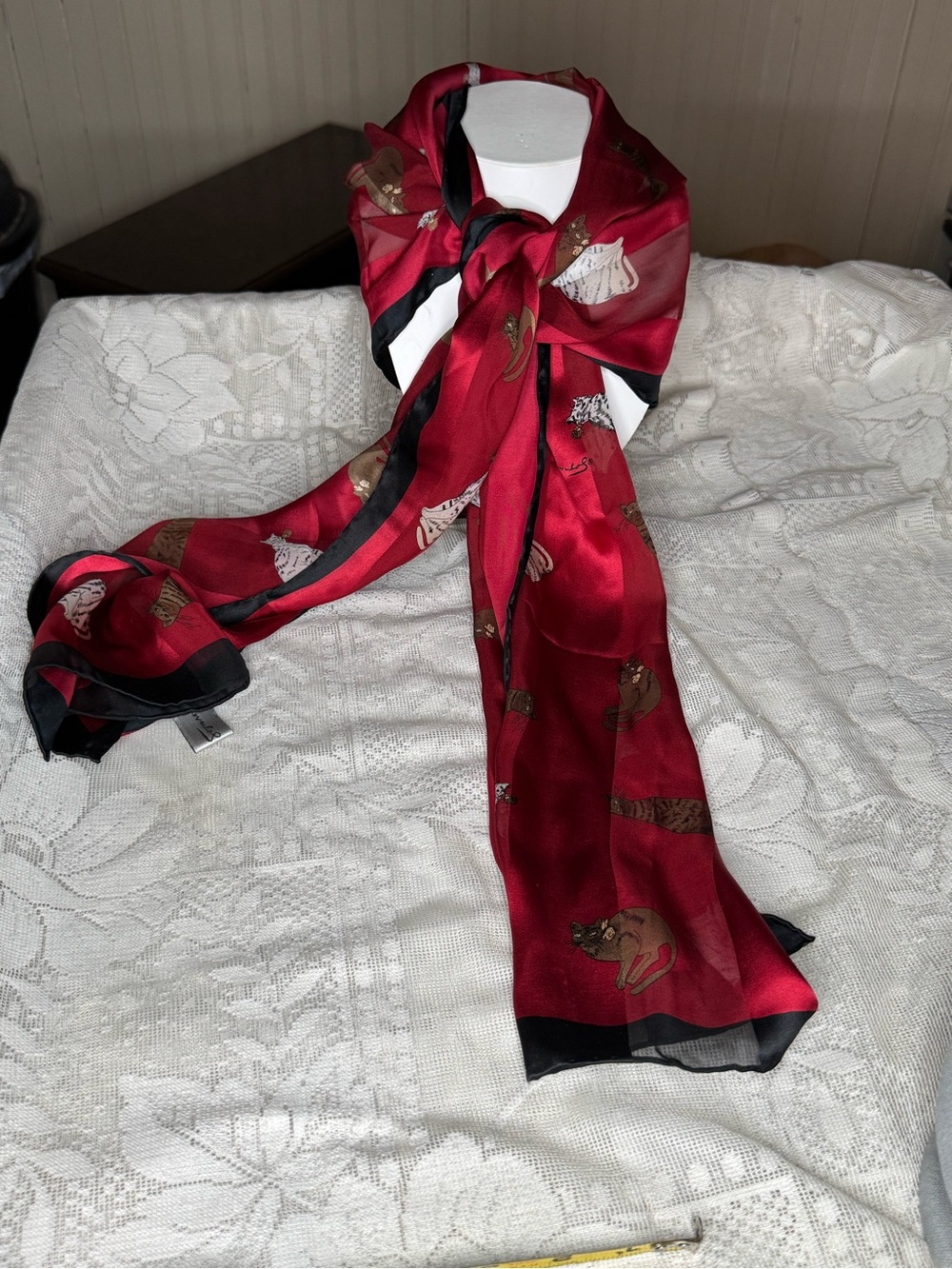 Andy Warhol Silk Scarf Cat Print 58” Red & Black Hand Rolled Edge